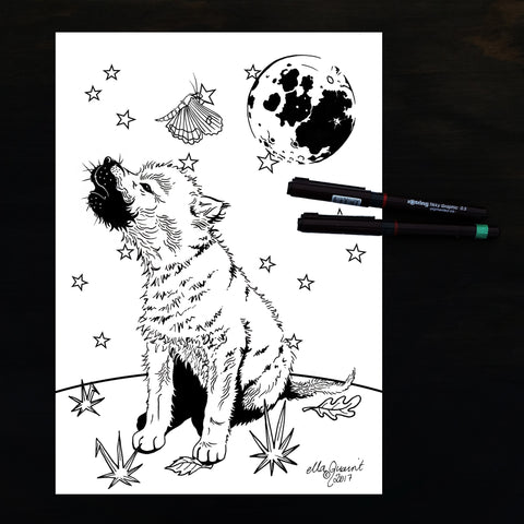 Wolfcub and Moon a free Colouring / Coloring Page Instant Download