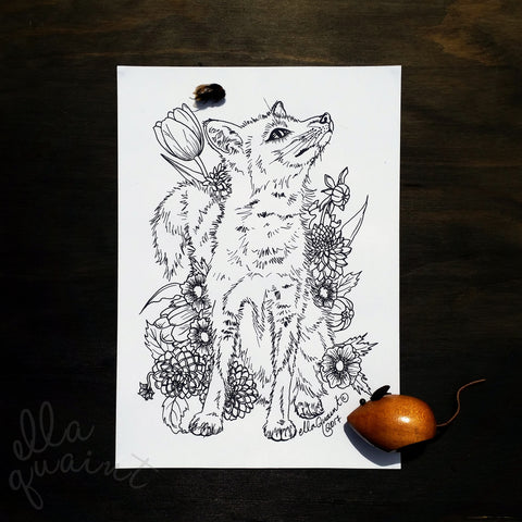Fox Bouquet Colouring / Coloring Page a free Instant Download