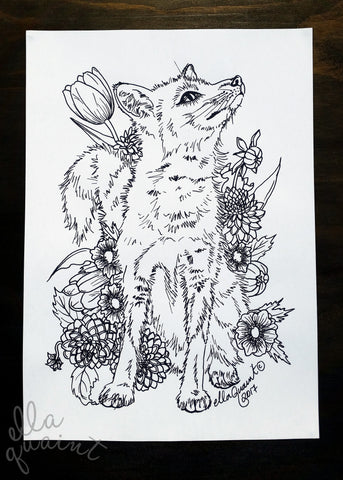 Fox Bouquet Colouring / Coloring Page a free Instant Download