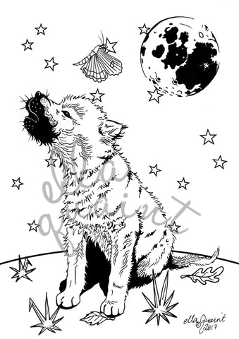 Wolfcub and Moon a free Colouring / Coloring Page Instant Download